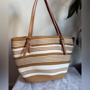 Striped Tan and White Tote Bag